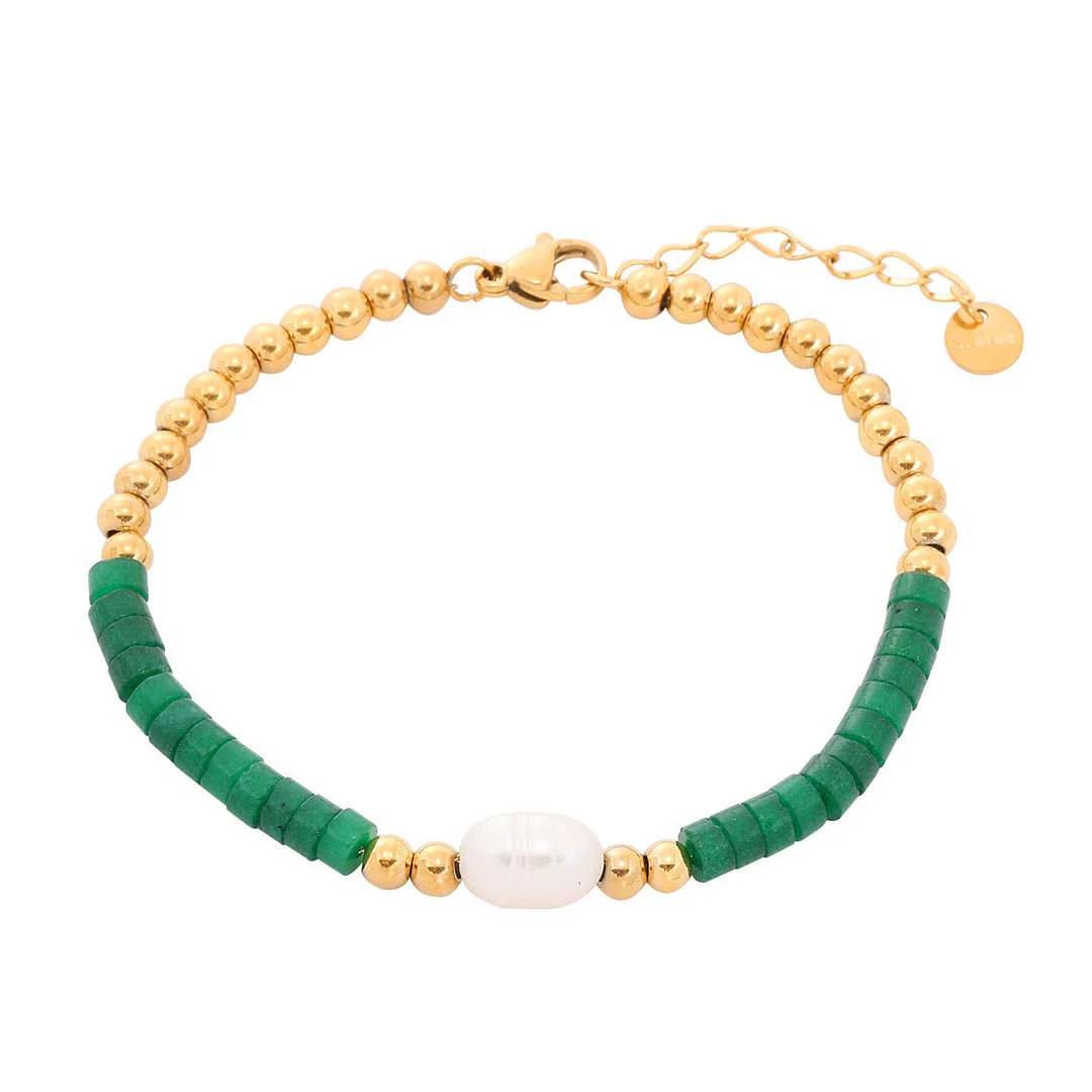 Green Natural Stone Pearl Titanium Steel Bracelet