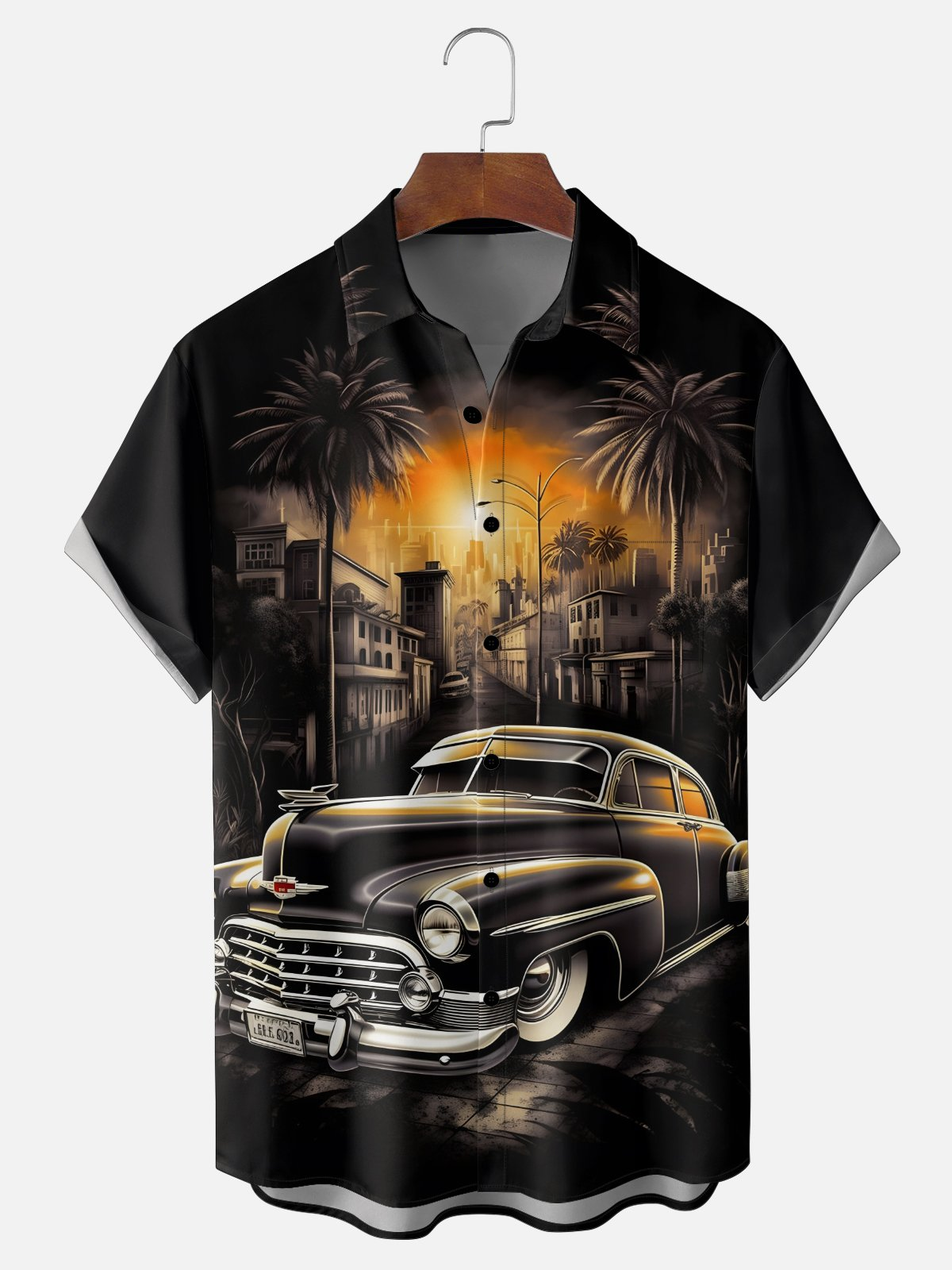 Moisture Wickin Sunset Holiday Vintage Car Chest Pocket Holiday Hawaiian Shirt PLUSCLOTHESMAN