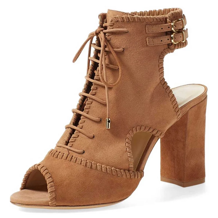 Tan Vegan Suede Lace Up Peep Toe Booties Chunky Heel Ankle Boots |FSJ Shoes