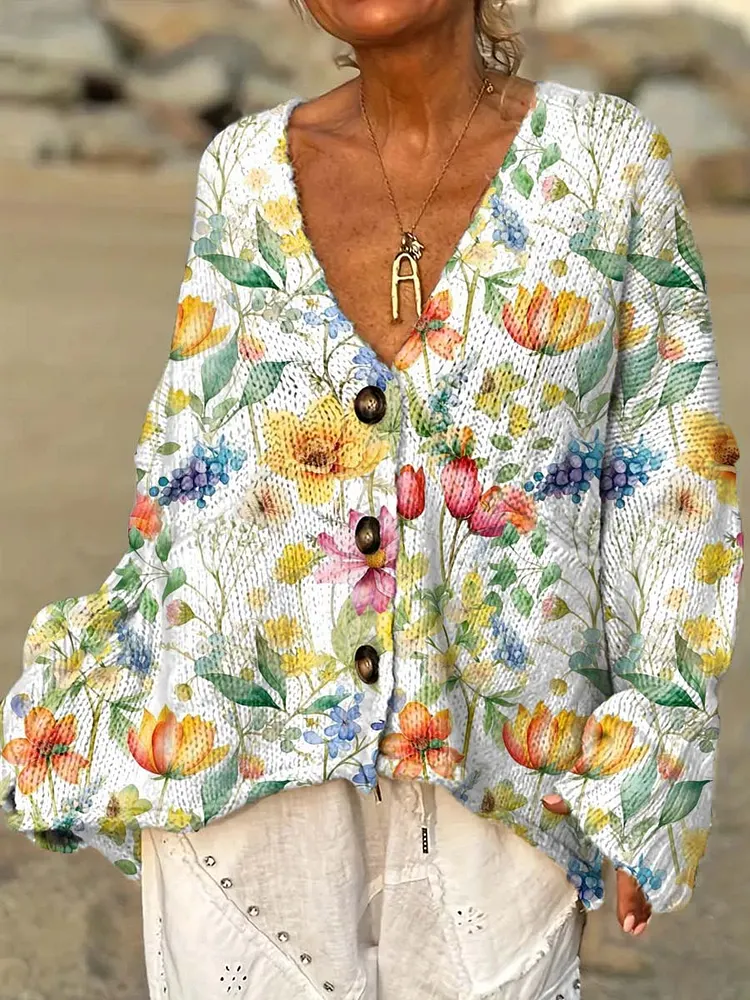 Women's Retro Art Flowers Casual Pullover Sweater