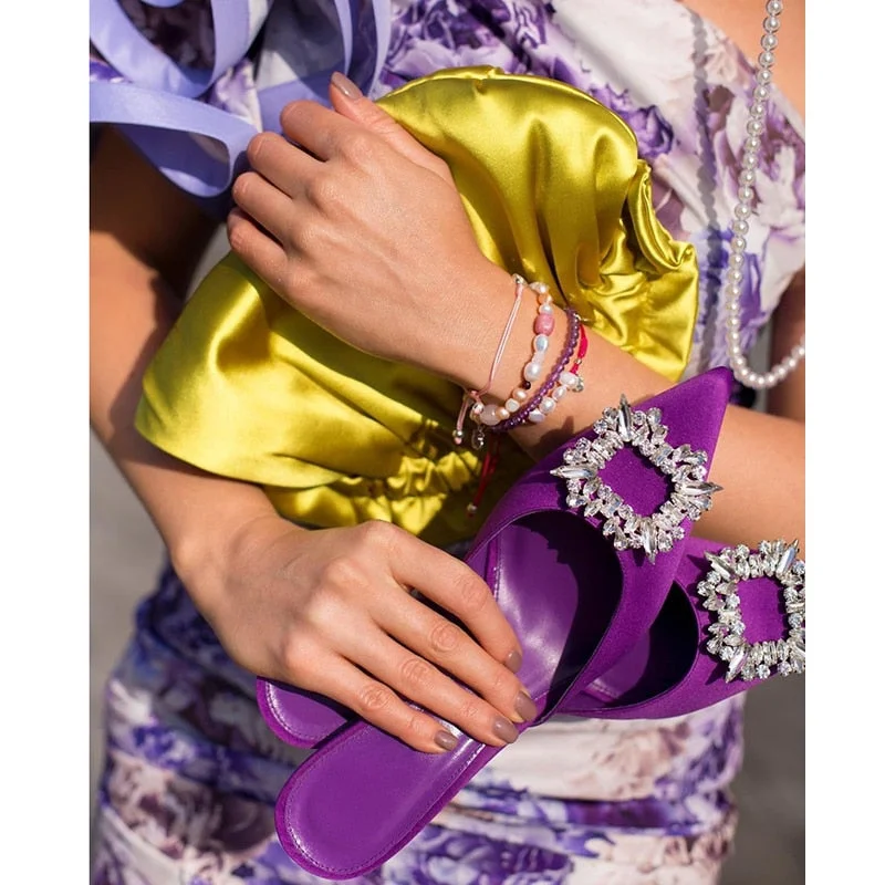 2021 European and American Style Closed Toe Niche Design Rhinestone High Heel Shoes Women's Summer Satin Mid Heel Slippers