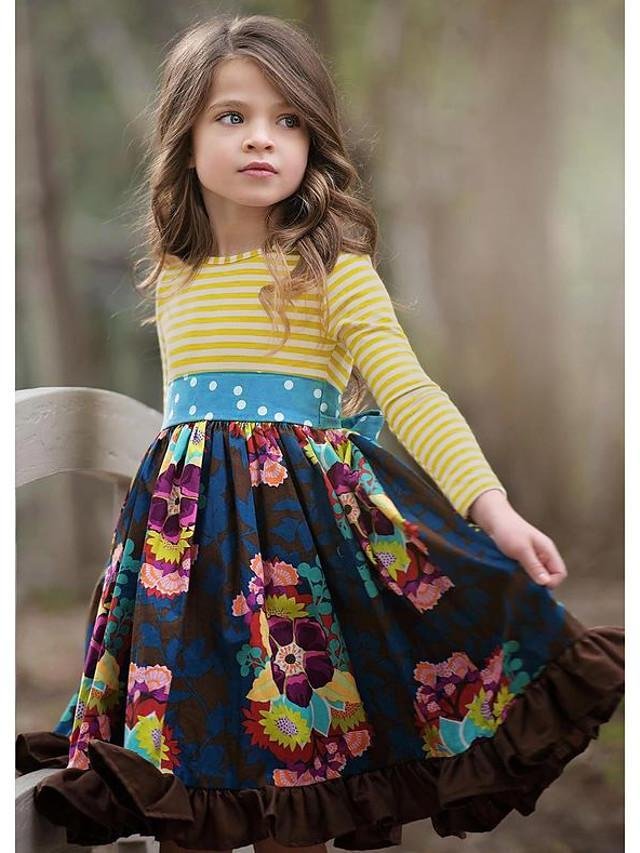 Kids Girls' Cute Floral Long Sleeve Knee-length Dress Navy Blue / Cotton - VSMEE