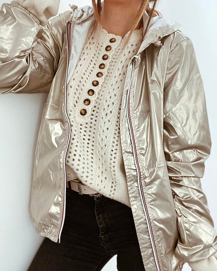 Zipper Shiny Jacket With Hood