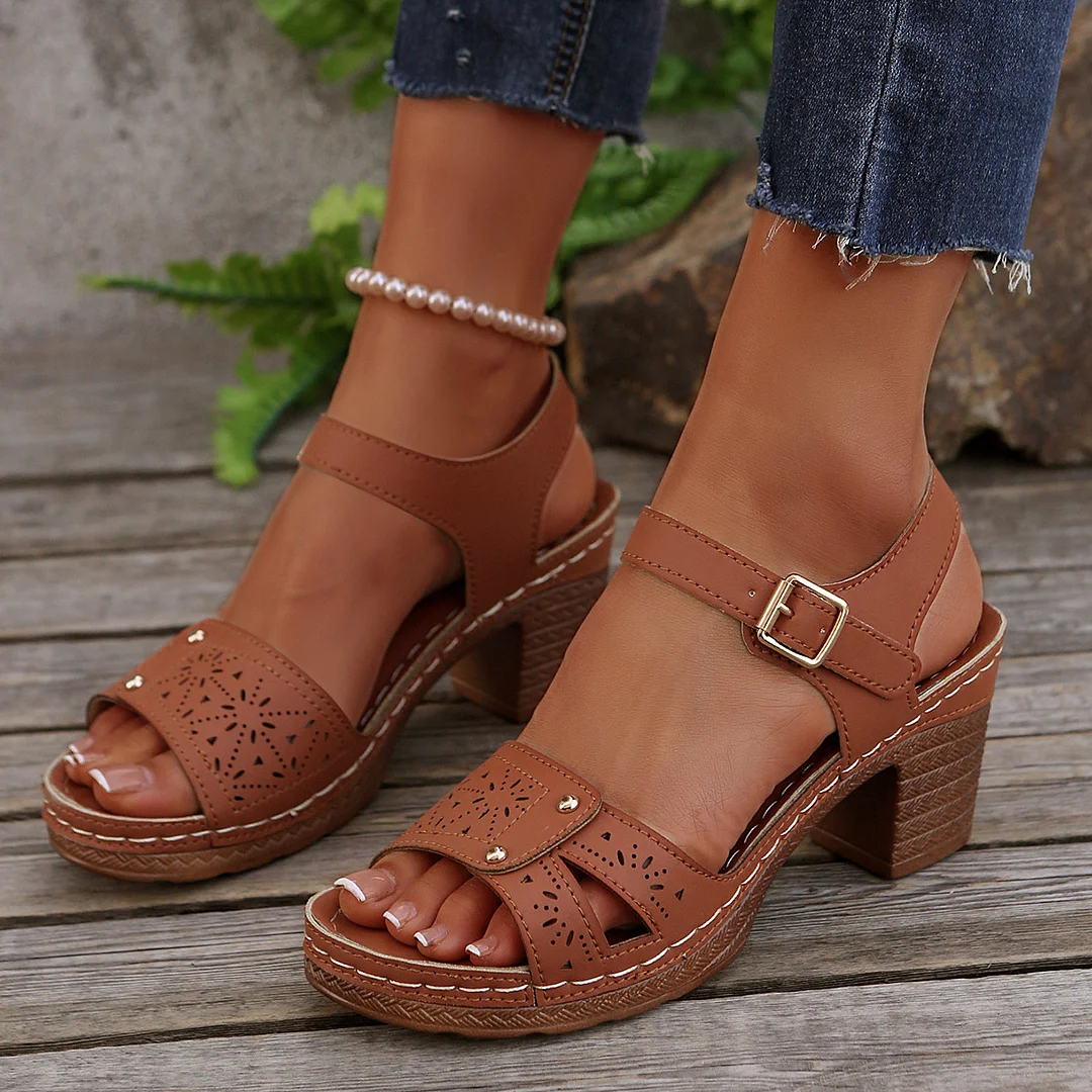 Yyvonne Retro Casual Roman Style Round Head Sandals Women New Hollow Pattern High Heel Buckle With Large Size Sandals