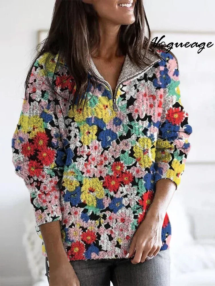 Fashion Colorful Small Florals Zippered Long-Sleeved Sweater