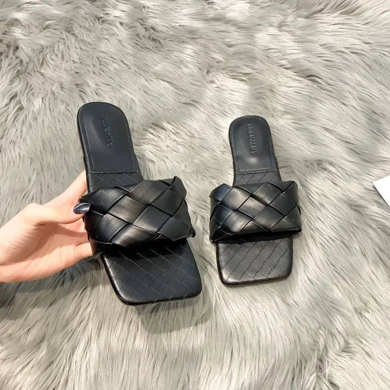Lucyever 2021 New Fashion Weaving Summer Slippers Women Casual Open Toe Flat Sandals Woman Comfortable Beach Slides flip flops