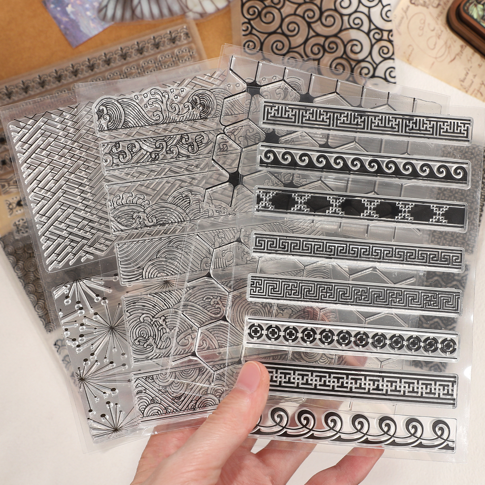 실리콘 스탬프 - 빈티지 웨이브 레이스 패턴 풍경