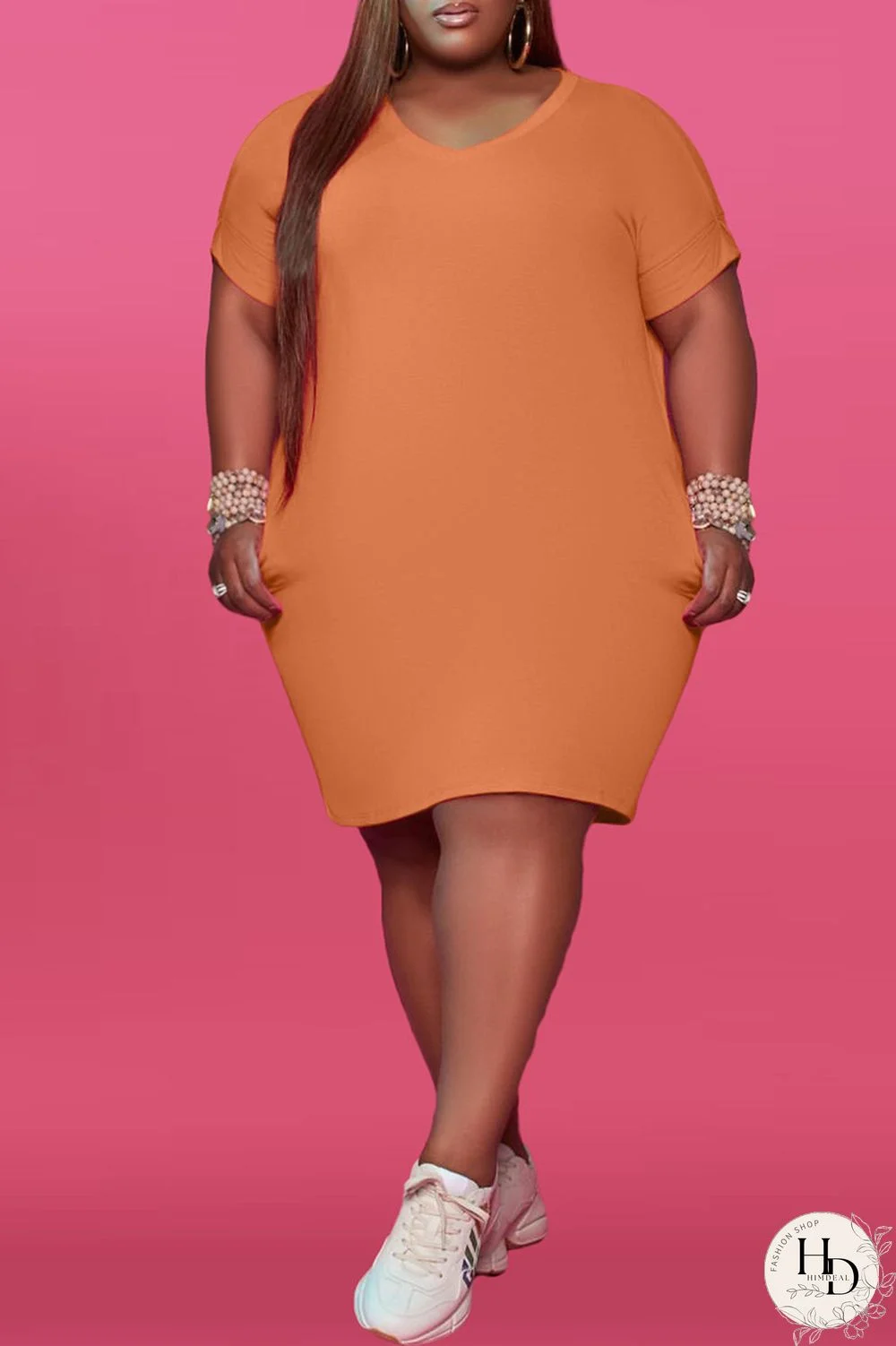 Red Fashion Casual Plus Size Solid Basic V Neck Short Sleeve Dress