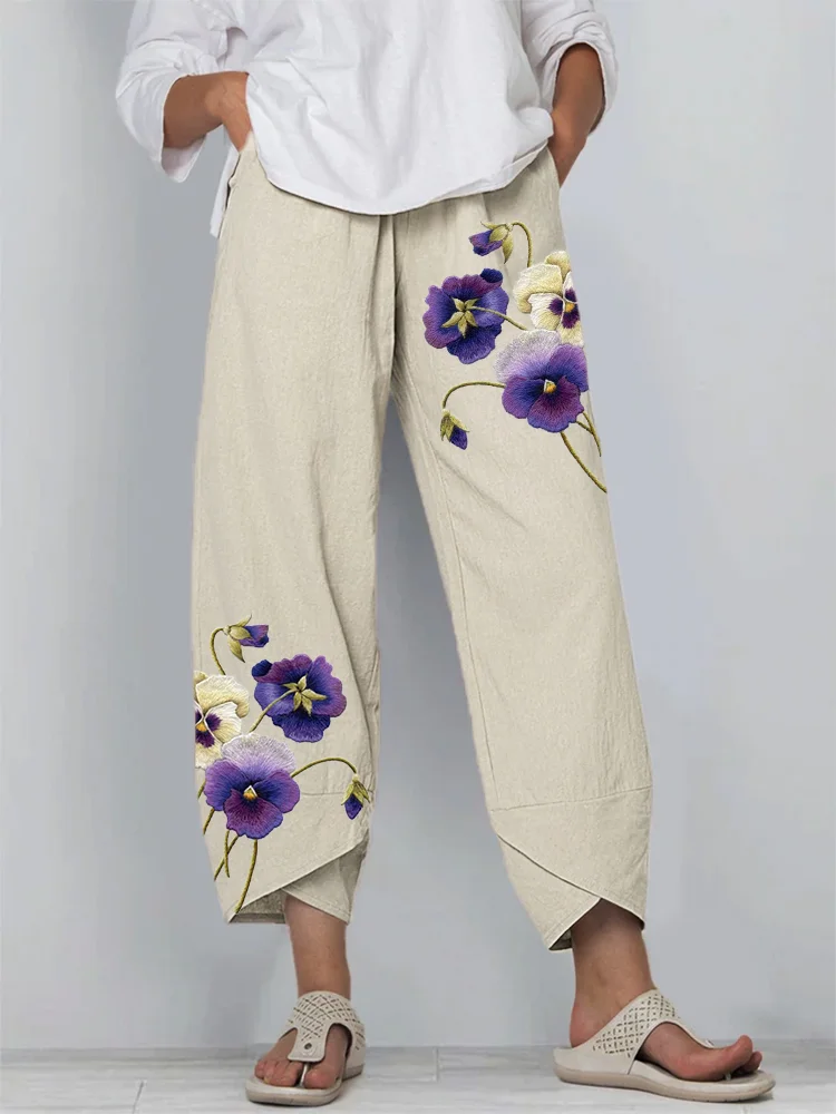 VChics Classy Pansy Flowers Embroidered Cropped Casual Pants