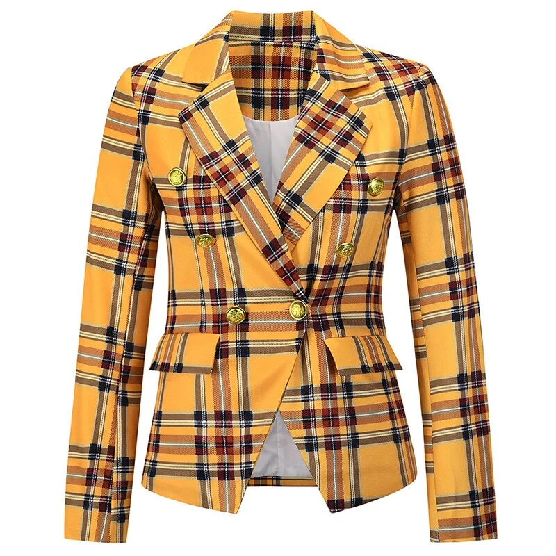 Spring Autumn Women Checked Blazer Casual Fashion Button Cropped Long Sleeve Jacket Elegant Chic Blue Female Office Suit 2021