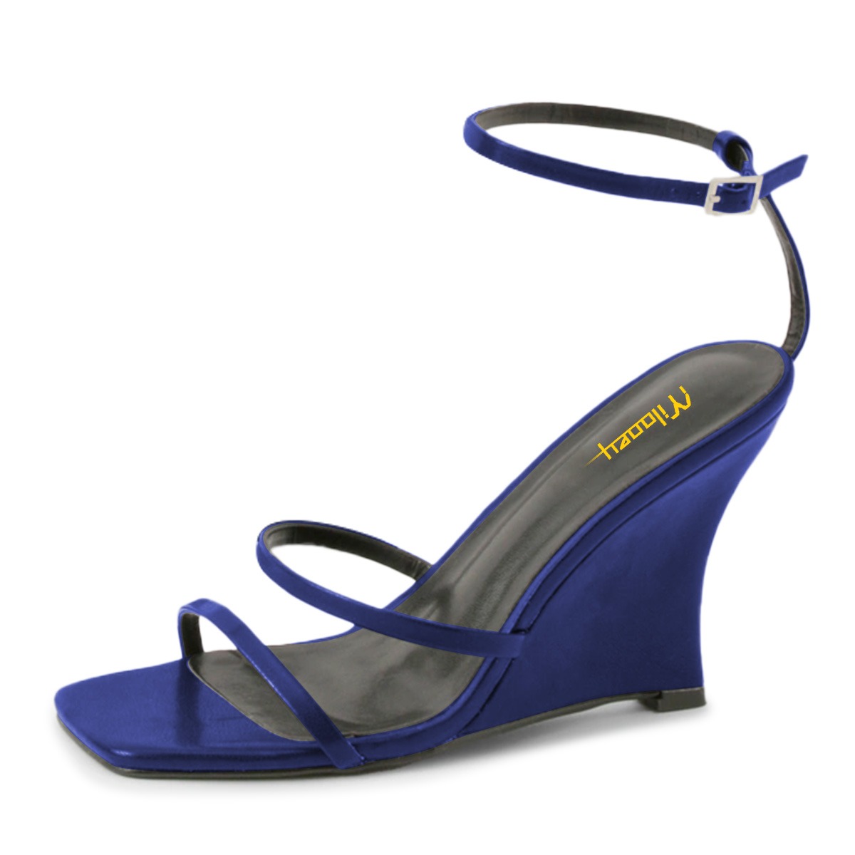 Blue Square Toe High Heel Ankle Strap Wedge Sandals for Women Nicepairs
