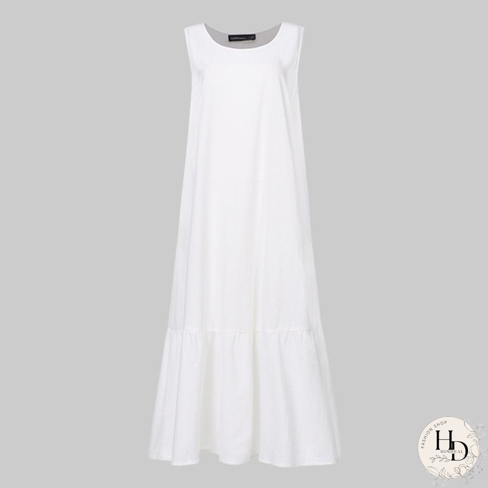 Sumemr Beach Holiday Sundress Women Sleeveless Ruffles Hem Long Dress Cotton Linen Casual Loose Pleated Kaftan Dress Plus Size