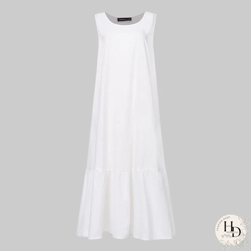 Sumemr Beach Holiday Sundress Women Sleeveless Ruffles Hem Long Dress Cotton Linen Casual Loose Pleated Kaftan Dress Plus Size