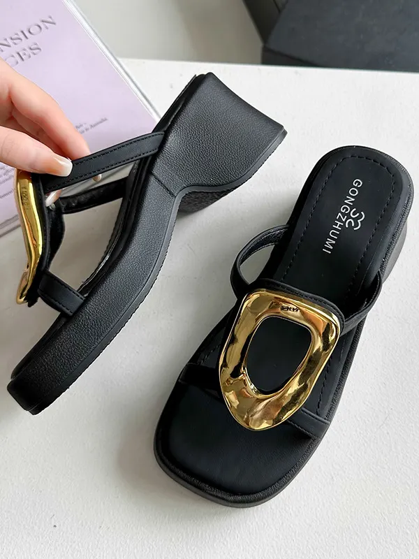 Square-Toe Split-Joint Hollow Slippers BLACK-39