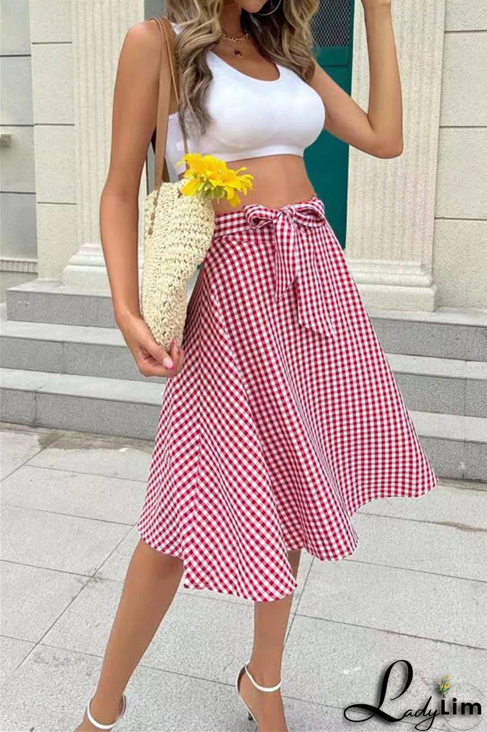 Grey Fashion Casual Plaid Print Patchwork Regular High Waist Skirt