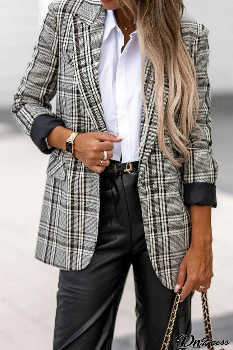 British Style Plaid Patchwork Turn-back Collar Outerwear