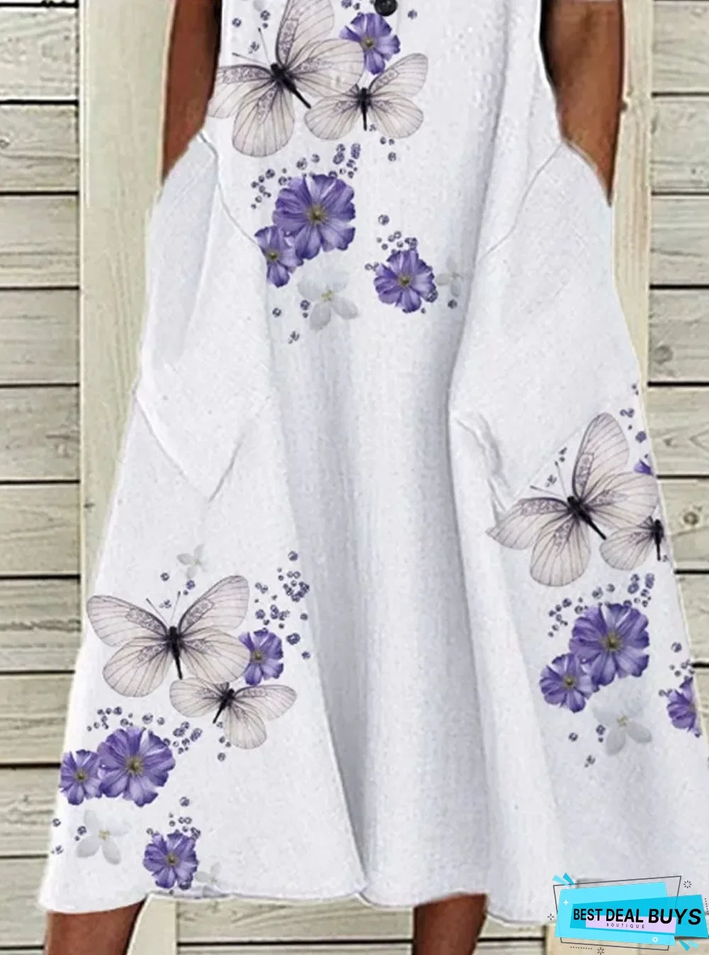 Butterfly Print Long Sleeve Casual Maxi Dress White Dresses