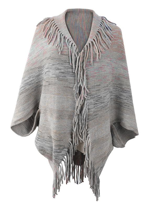 Women's V-neck Long Sleeve Cape Fringe Sweater Top