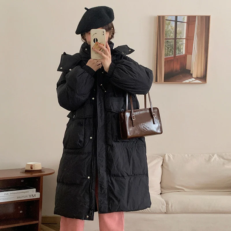 Woherb Korean Sweet Bamboo Buckle Down Jacket Female Long 2024 Winter New Hat Over The Knee Thick Warm Coat-Outfit Ideas