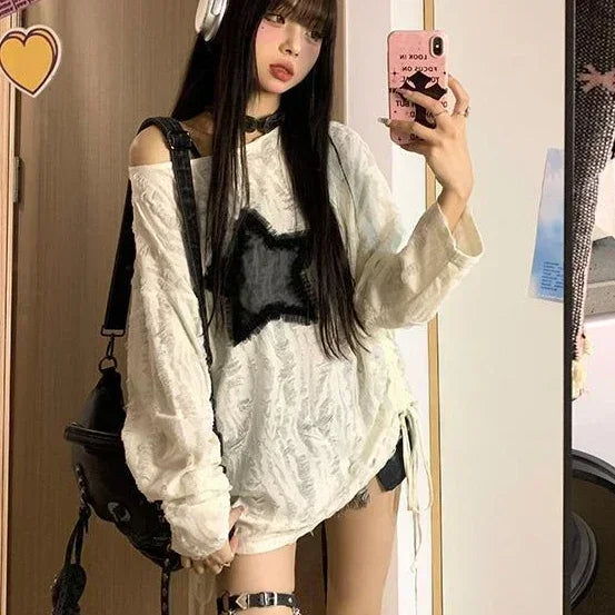 Aiertu Grunge Hole T-shirt Women Fashion Star Print Y2k Aesthetic Loose Tees Kpop Fairycore Ripped Tshirt Harajuku Gothic Streetwear Aiertu