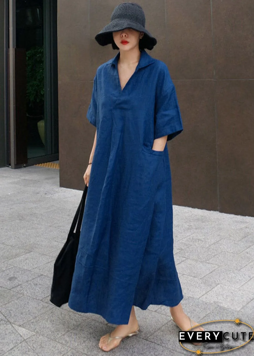 Blue Wrinkled Side Open Linen Dress Short Sleeve