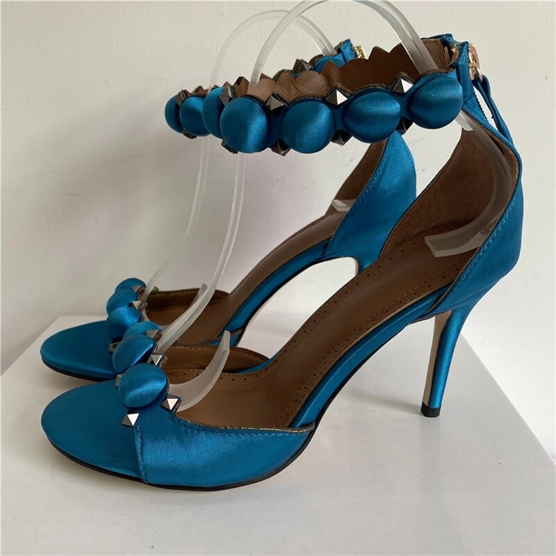 VCSHOES Rivet Ball One-Strap Women's Sandals 10cm Stiletto Heel Satin Multicolor Back Zip Party Shoes