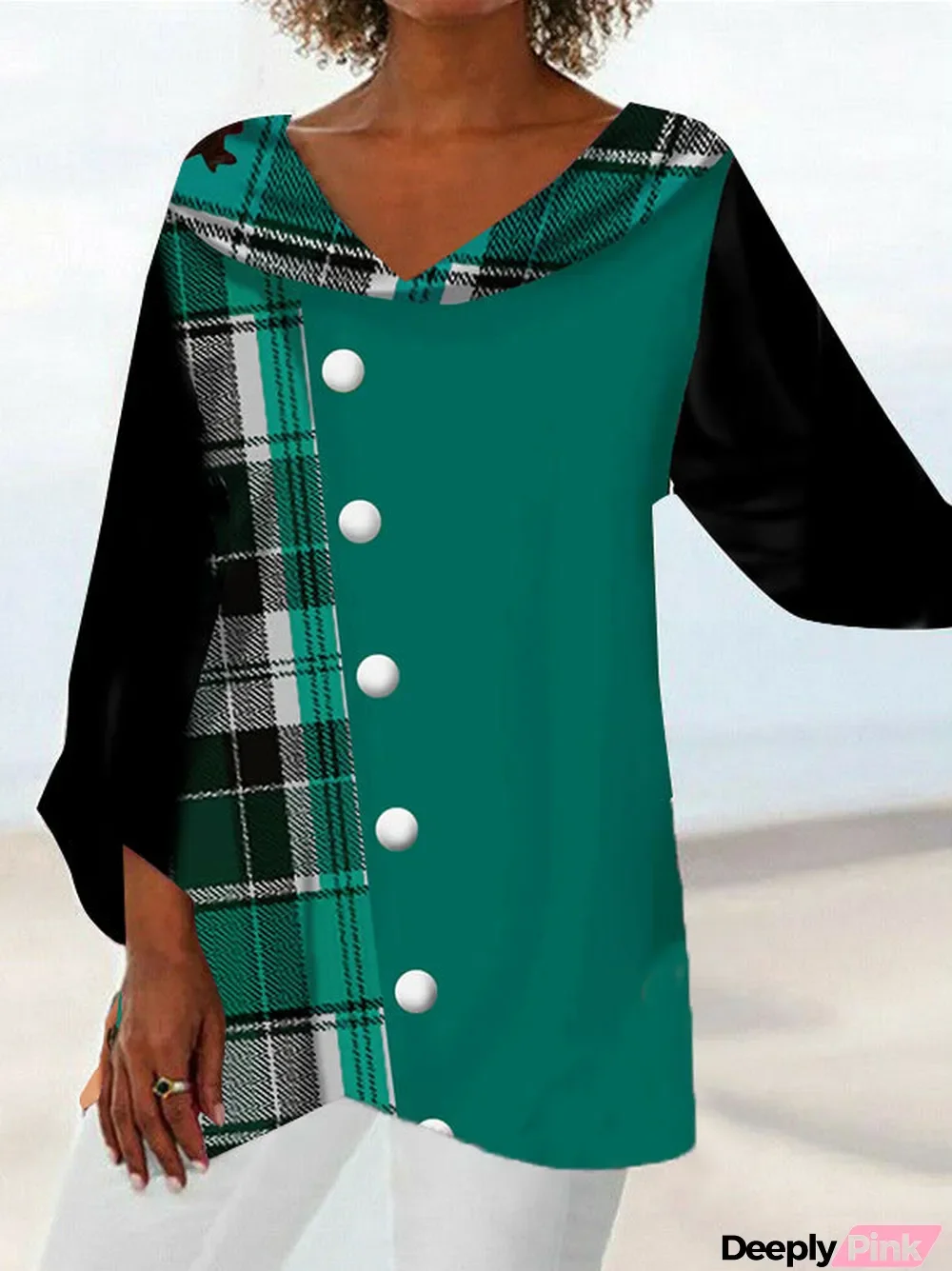 Women Asymmetrical Long Sleeve V-neck Plaid Buttons Top Dress