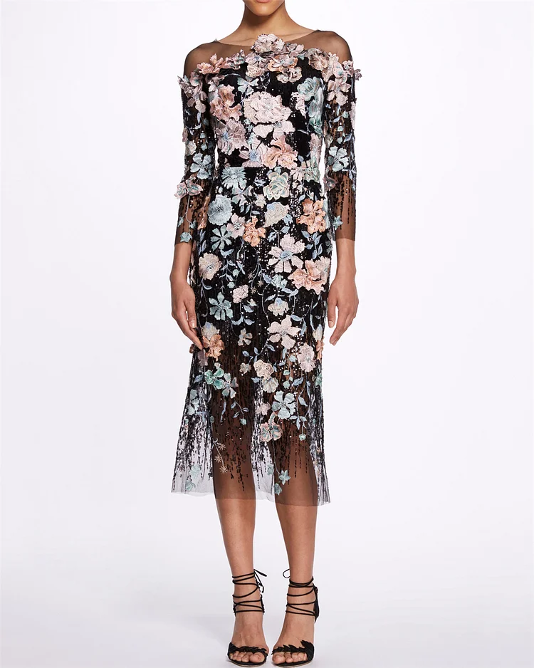 Women's Round Neck Flower Embroidered Mesh Dress