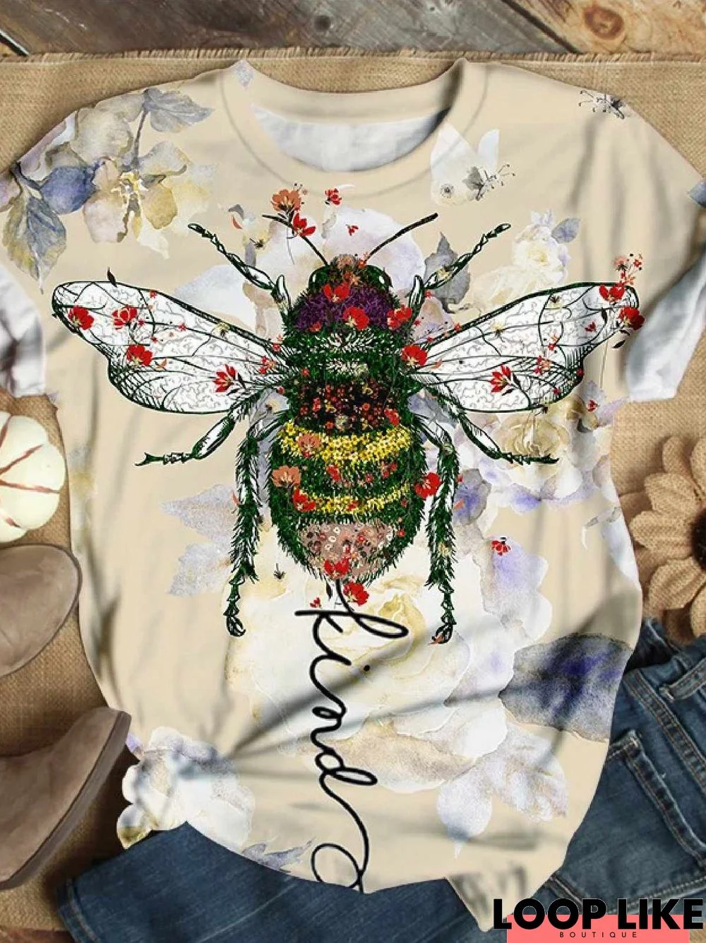 Multicolor Short Sleeve Floral Floral-Print Cotton-Blend T-shirt