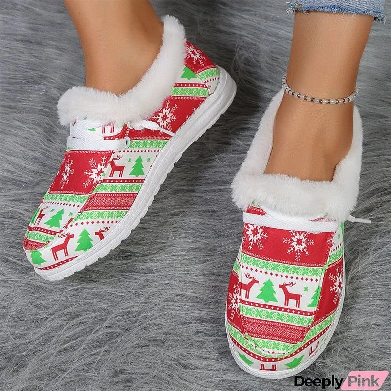 Lovely Furry Plush Flat Christmas Loafer Shoes for Women