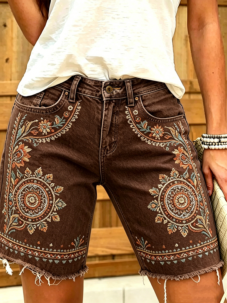 Women's Retro Bohemian Floral Art Print Casual Washed Cotton Denim Shorts