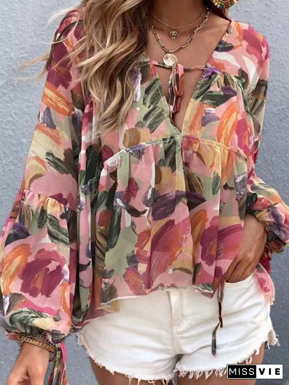 V-neck Long Bat Sleeve Print Blouse P16258