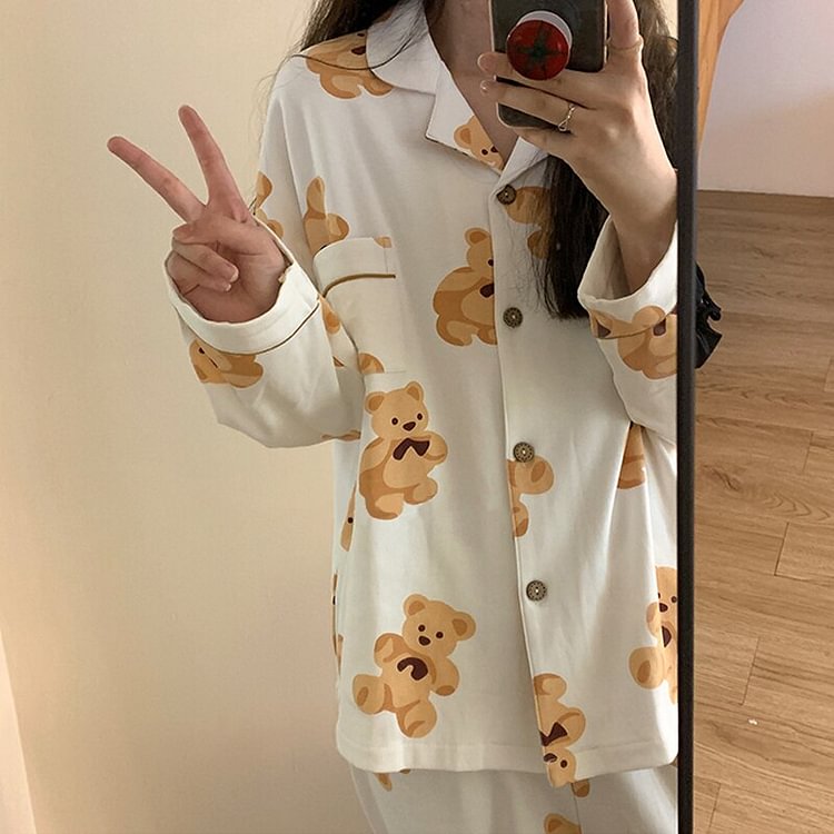 Teddy Bear Love Long Sleeve Pajama Set - Gotamochi Kawaii Shop, Kawaii Clothes