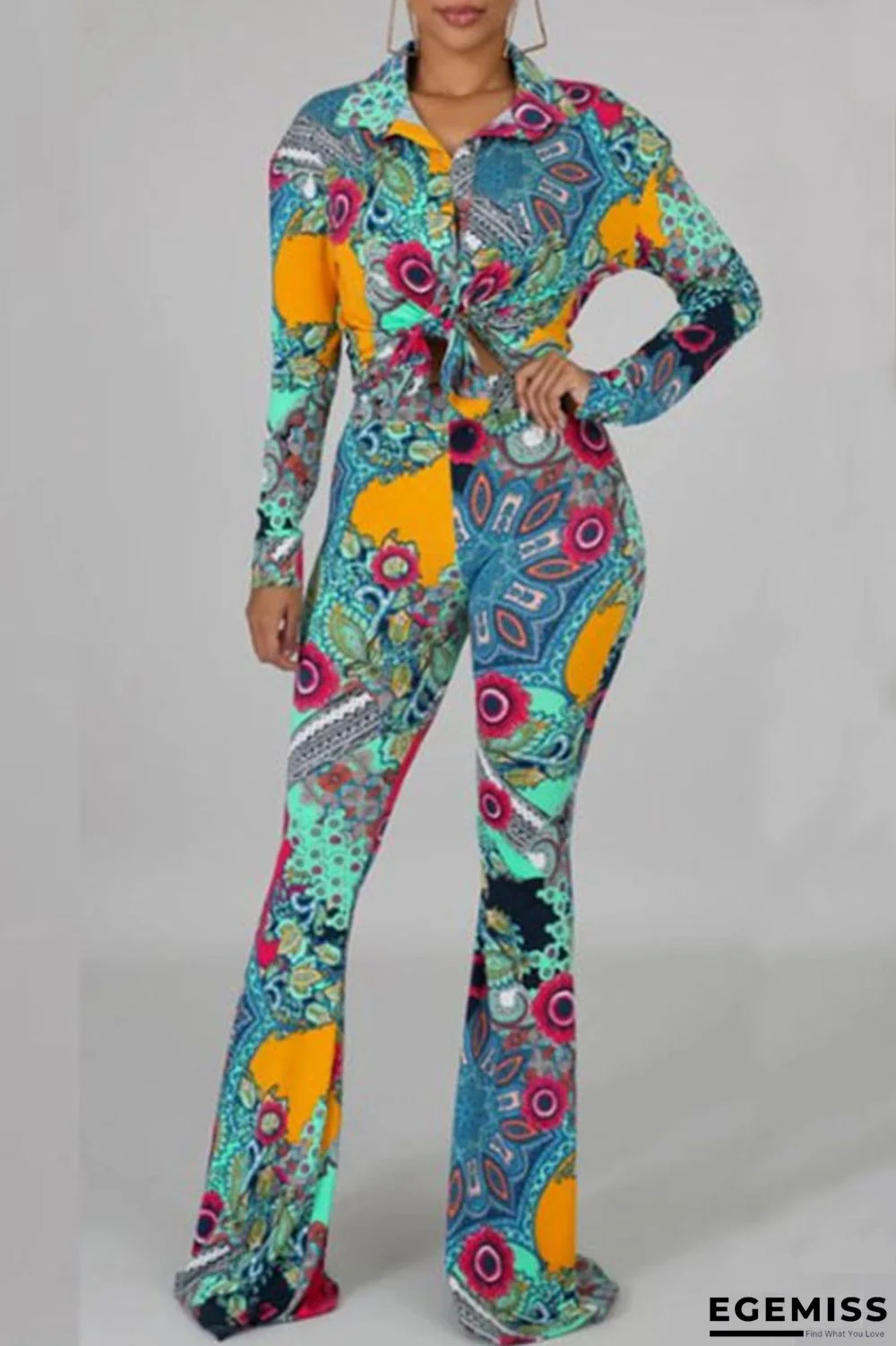 Cyan Casual Print Patchwork Buckle Turndown Collar Long Sleeve Two Pieces | EGEMISS