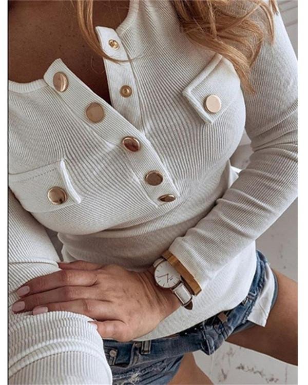 Solid Color Knitted Button Blouse - Chicaggo