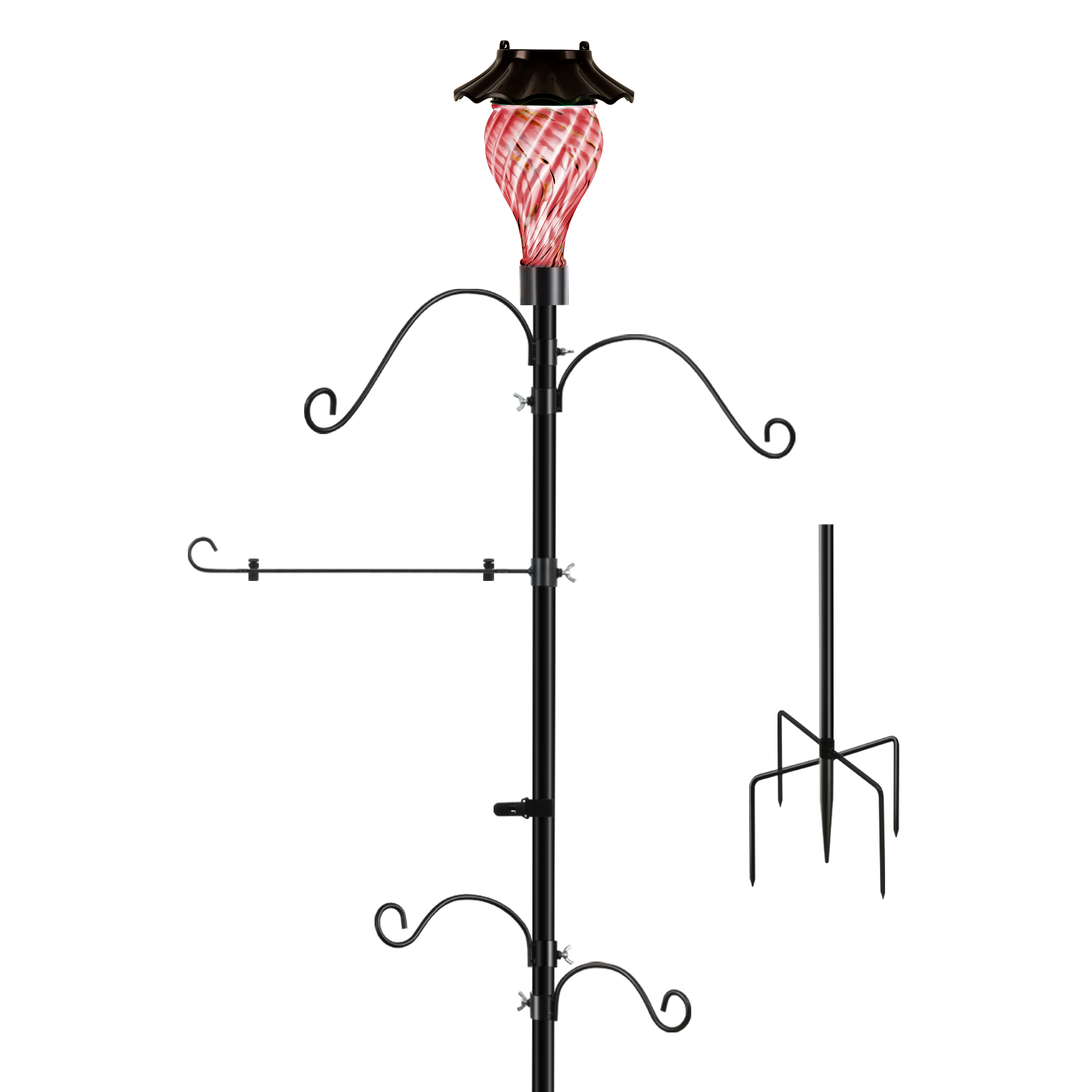 LUJOIN Solar Shepherds Hooks with Hand Blown Glass Lamp, Decorative RGB Lights, 4 Hooks & 1 Flag Holder, Heavy Duty Stand for Hanging Hummingbird Feeder, Bird Feeder, Plant, Garden Path Light (Red)