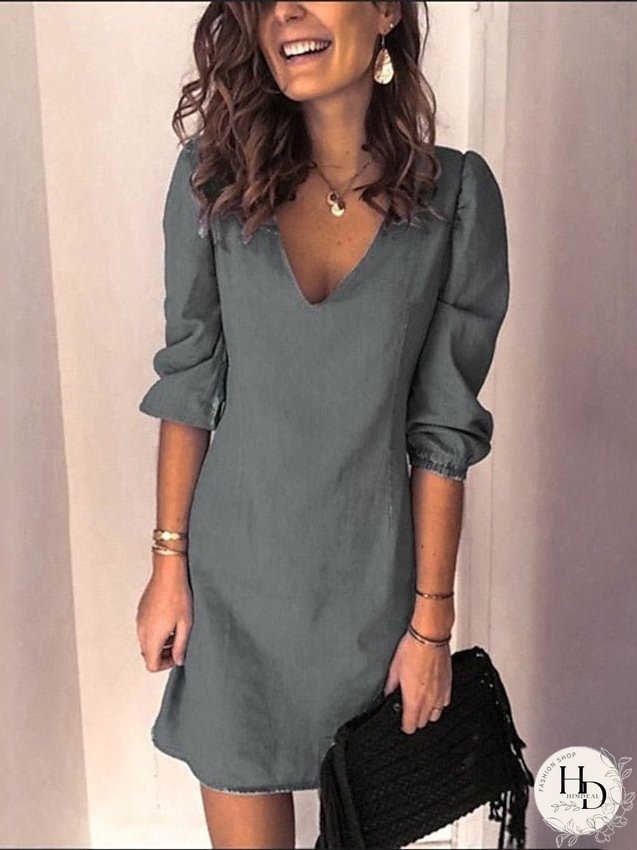 Casual Dress Shift Dress Mini Dress Black Navy Blue Blue 3/4 Length Sleeve Pure Color Slim Spring Summer V Neck Basic Daily Vacation Weekend S M L XL XXL 3XL for Women