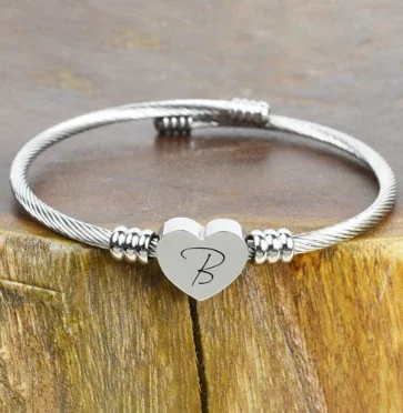 solid stainless steel heart initial cable bangle all letters