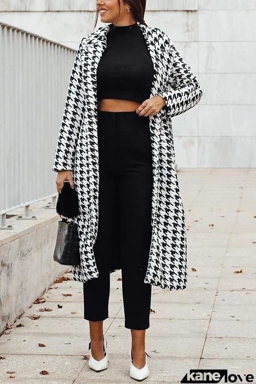 Houndstooth Lapel Woolen Coat