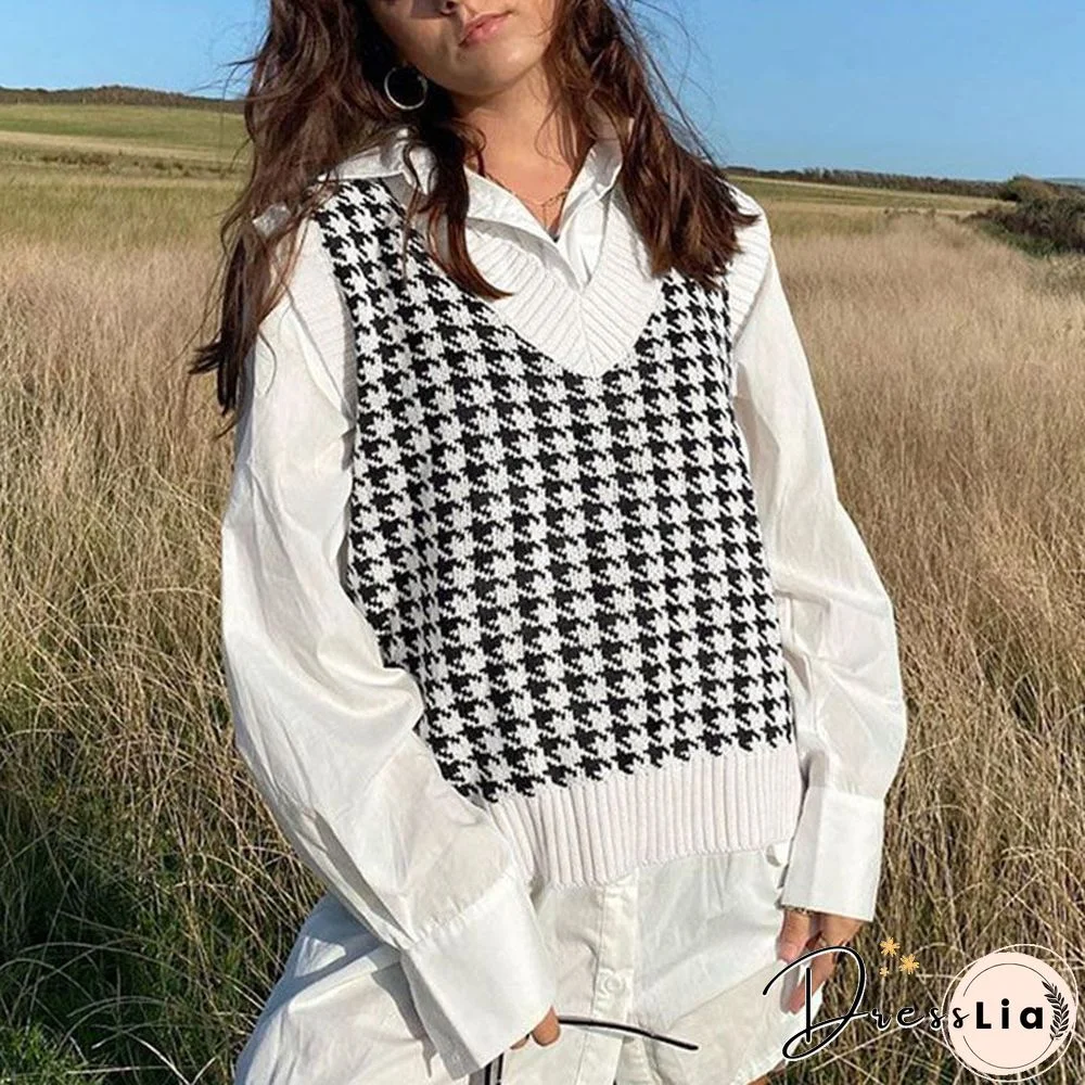 Checkered Cropped Knitted Tank Argyle Sleeveless Jumper