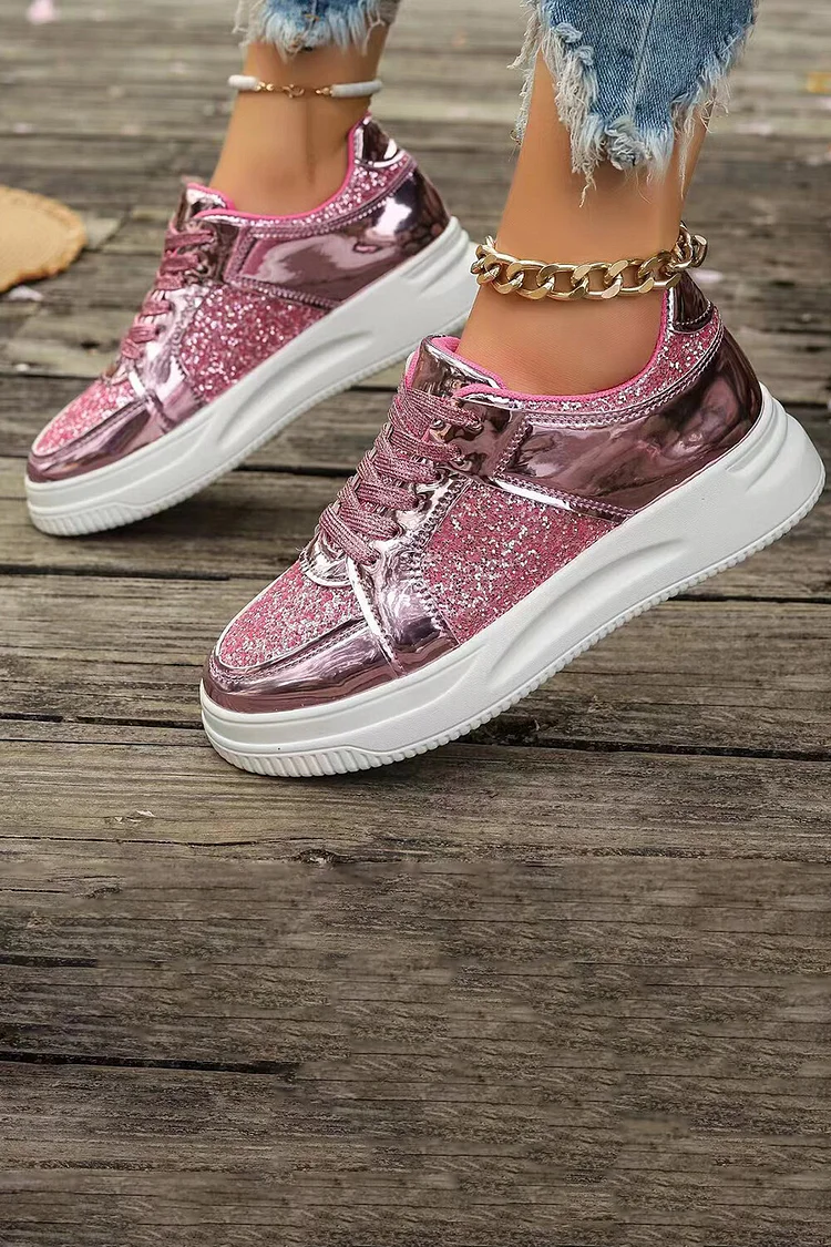 Casual Leather Sequin Patchwork Lace-Up Solid Platform Sneakers 2024 - Xpluswear