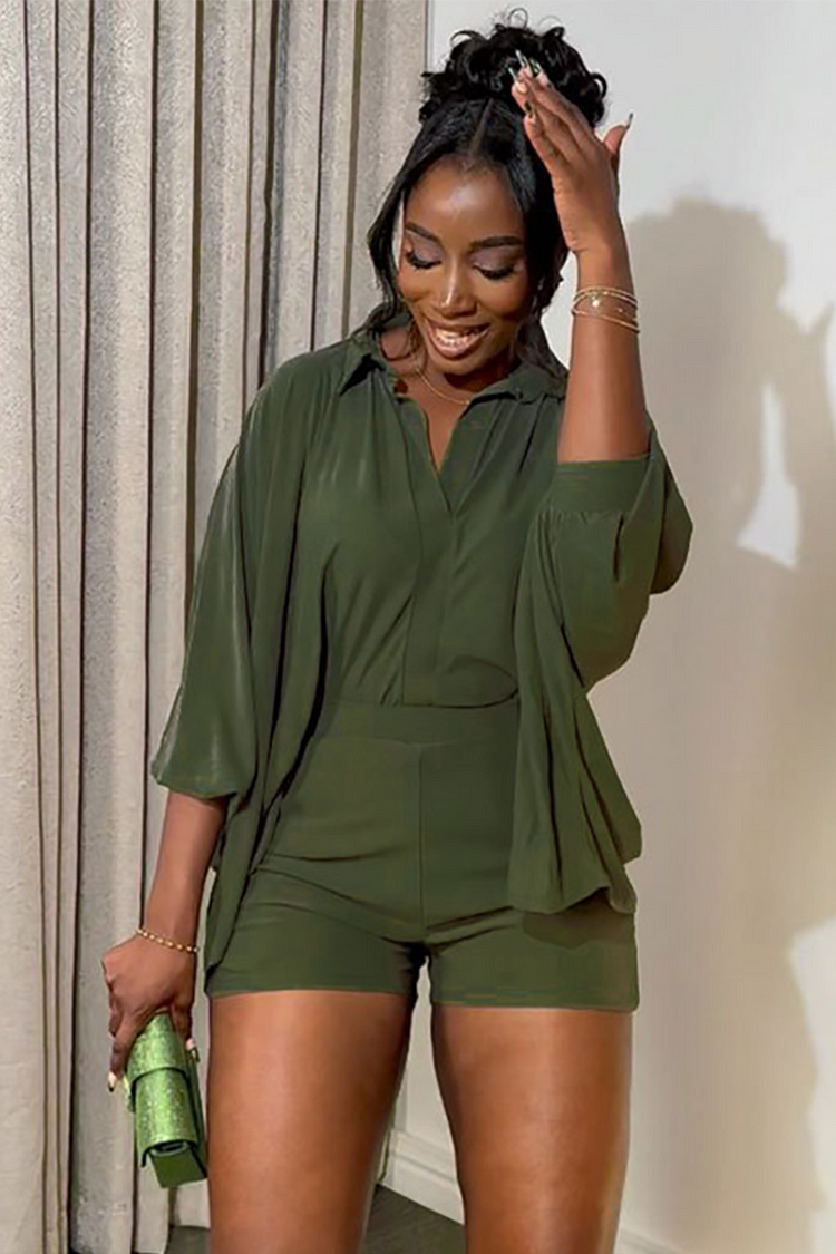 Turndown Collar Batwing Sleeve Solid Color Shorts Matching Set-Green
