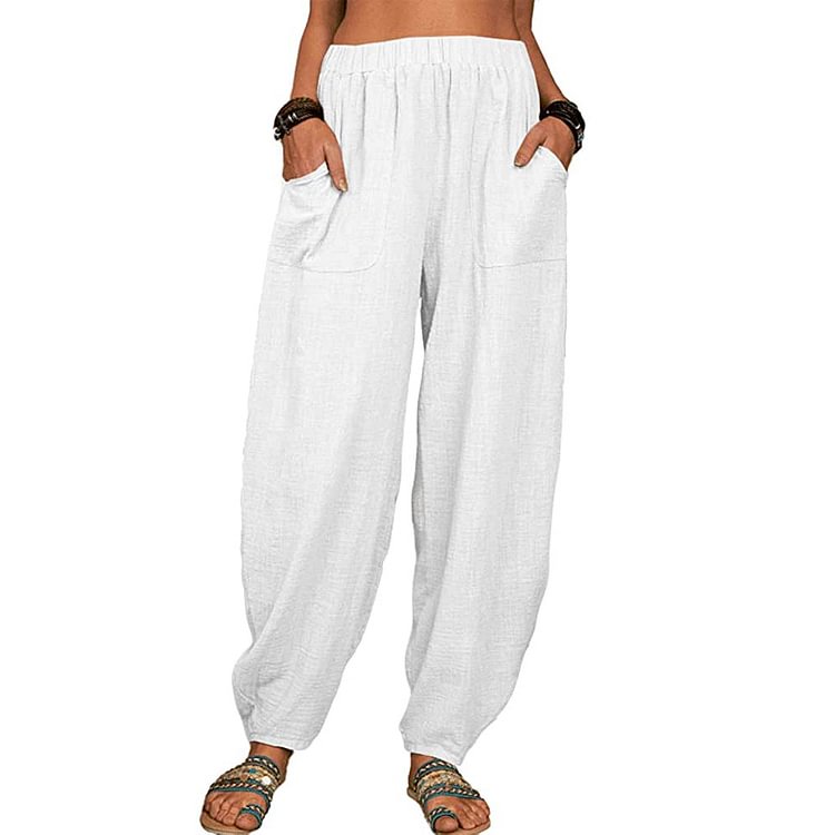 Women's New Solid Color Loose Cotton And Linen Casual Pants Home Harem Trousers