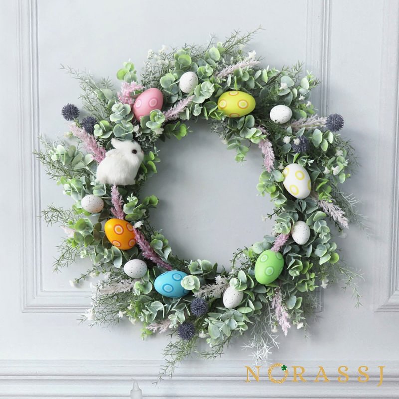 Spring Door Wreath White Bunny Wreath Colorful Egg Easter Wreath