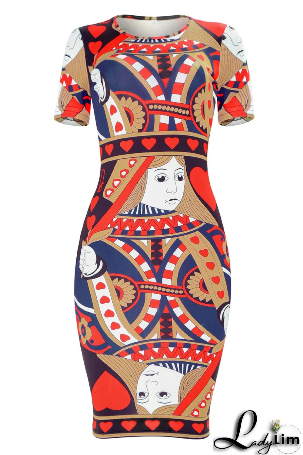 Blue Fashion Casual Print Basic O Neck Short Sleeve Dress