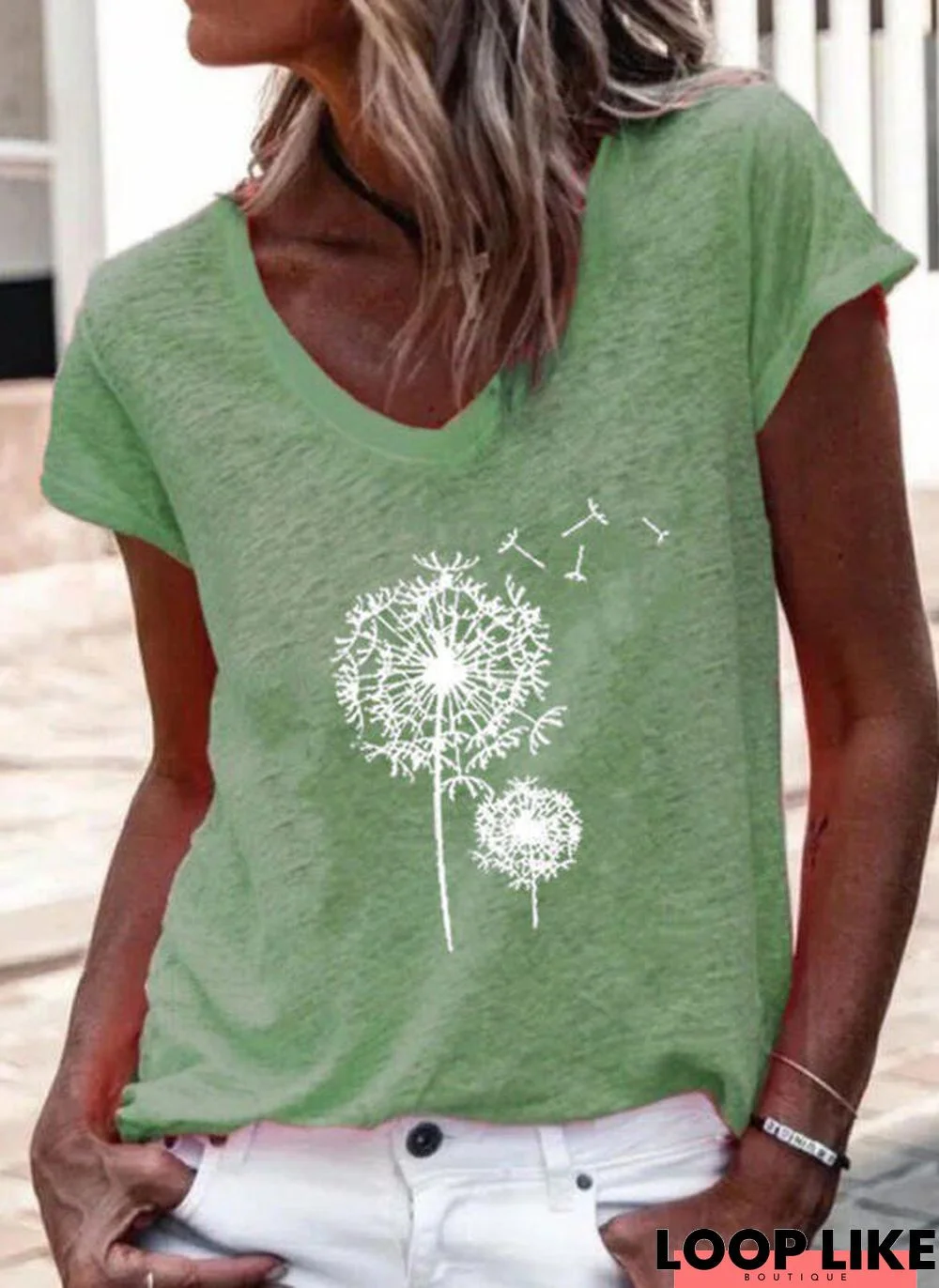 Dandelion Printed Short Sleeve V Neck Plus Size Casual Tops