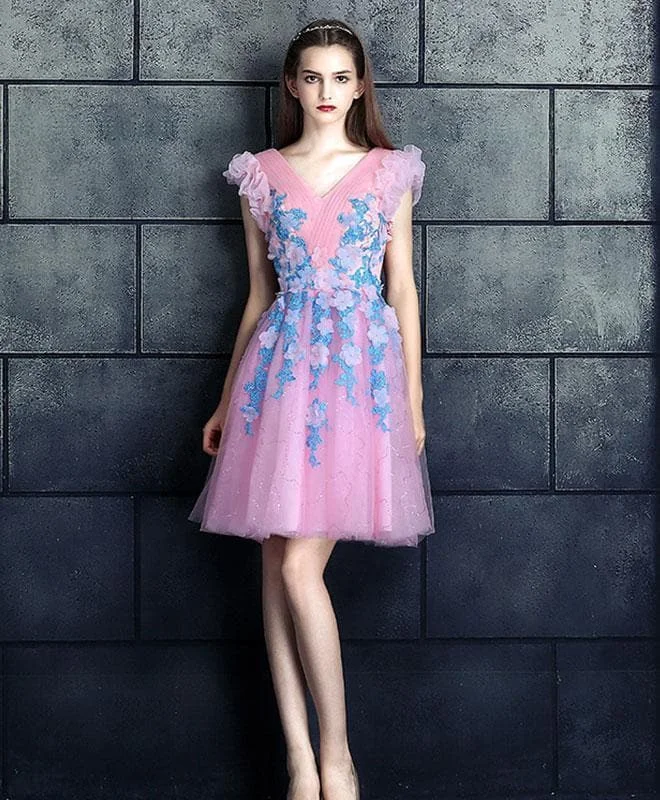 Pink V Neck Applique Tulle Short Prom Dress, Pink Homecoming Dress