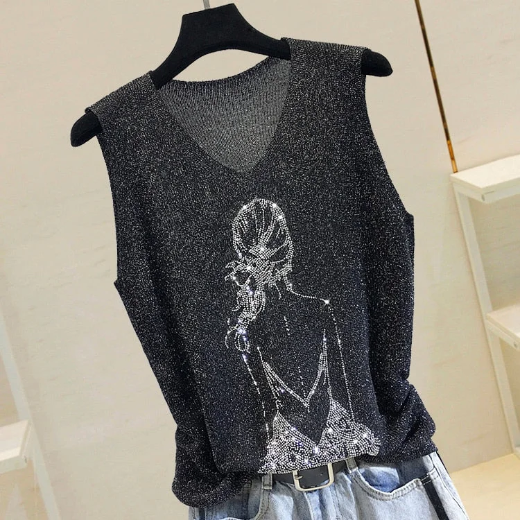 Knitted Vest Tank Top Women Onesize V-neck Streetwear Casual Tank Top Women Summer Thin Bright Silk Sleeveless Vest Outwear Tops