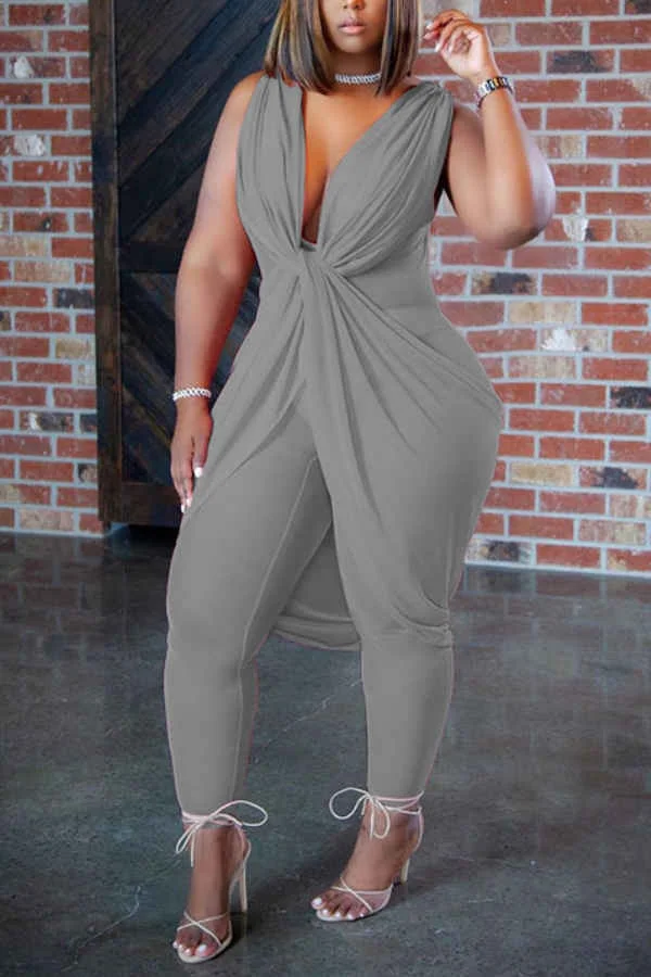 Fashion Elegant V Neck Sleeveless Curves Jumpsuit