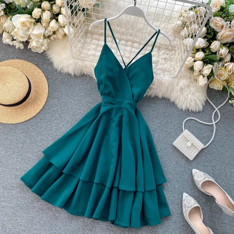 FTLZZ 2021 New Summer Spaghetti Strap Dress Female Sexy V Neck Backless High Waist Dress Ladys Red Yellow White Ball Gown Dress